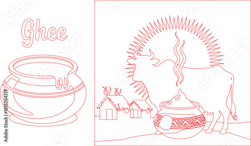 Red Outline Illustration Ghee in Pot, Rural with Cow, Smoke, and Thatched Huts