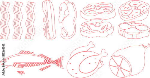 Red Outline Illustration of Fish, Chicken, Steak, Bacon, and Sliced Fruit on White Background