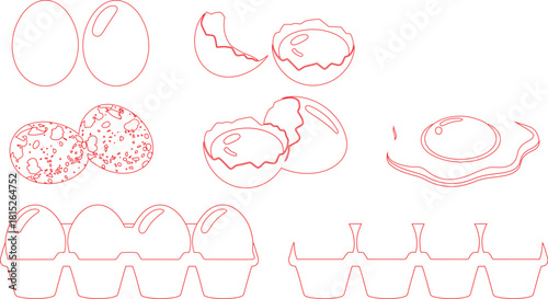 Red Outline Illustration of Eggs Whole, Speckled, Cracked, Fried, and in a Carton