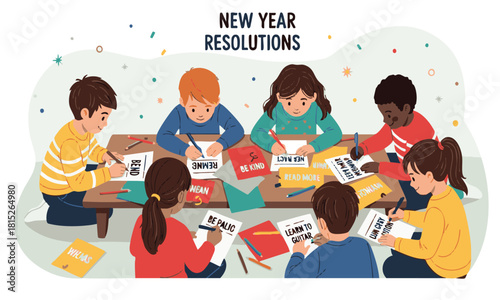 Group of diverse children actively drawing and writing their New Year resolutions, setting personal goals for the upcoming year