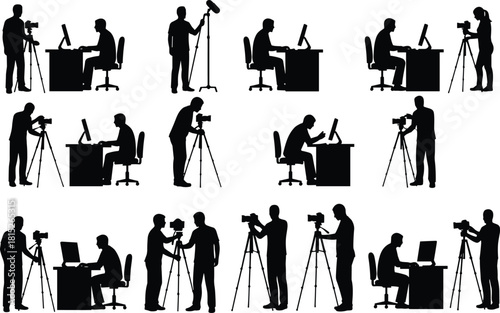 Silhouette illustration of camera operators and computer workers, filming setup, media production, video recording, tripod camera use, studio work scenes