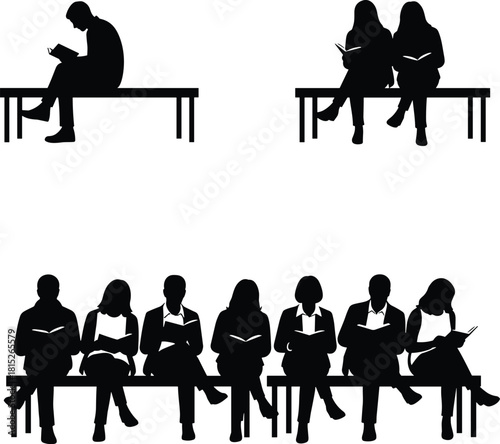 Silhouette illustration of people reading on benches, students studying, group readers sitting together, educational relaxing scene for learning and study concepts