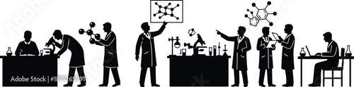 Silhouette illustration of scientists working in laboratory, analyzing data, using microscopes, studying molecules, conducting experiments, chemistry research teamwork