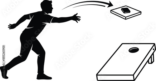 Silhouette man throwing bean bag in cornhole game, outdoor sports activity illustration, aiming at target board, competitive backyard game scene