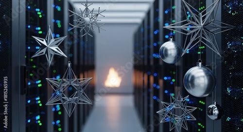 Festive Christmas Decorations Adorn a Modern Data Center with Blinking Server Lights and a Warm Fireplace Glow