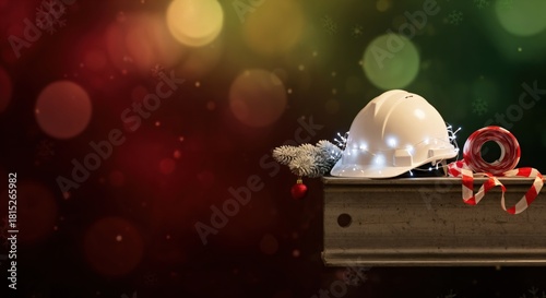 White construction hard hat adorned with festive Christmas lights and holiday decorations, resting on a metal beam against a bokeh background, symbolizing industrial holiday spirit.