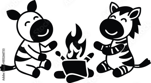 Two Cartoon Zebras Sitting Around a Campfire camping