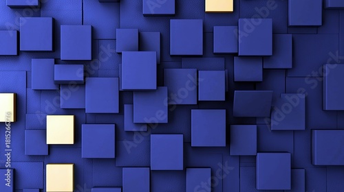A textured background composed of numerous blue and gold squares of different sizes and depths, creating a geometric abstract pattern.