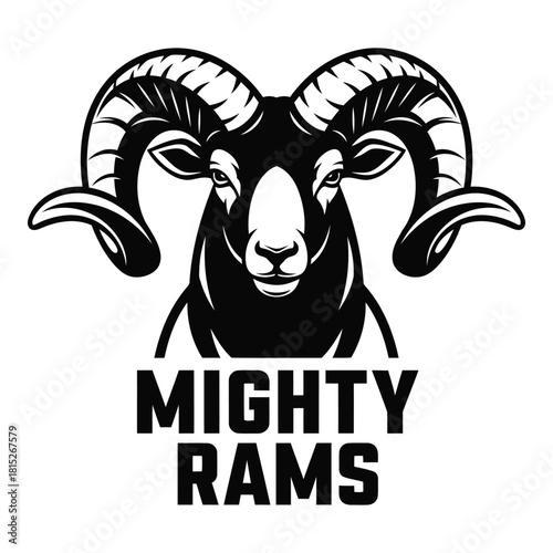 Black and White Graphic of a Majestic Ram with Curling Horns