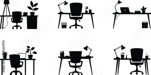 Set of office workspace silhouettes, modern home office furniture, desk and chair icon collection, vector graphics for remote work, isolated on white background.