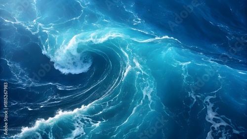 Fototapeta Naklejka Na Ścianę i Meble -  Powerful Ocean Wave Swirling In Deep Blue Sea With White Foam Motion Creating Dynamic Natural Water Texture