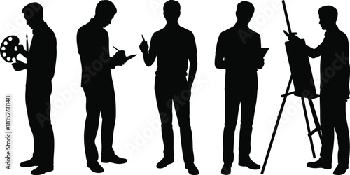 Silhouette artist figures working with paint palette, sketchbook, and easel, creative drawing poses showing art process, studio illustration concept