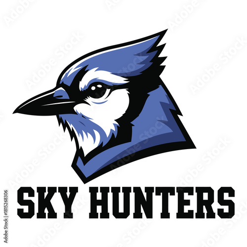 Blue Jay Mascot Logo with Sky Hunters Text on White Background