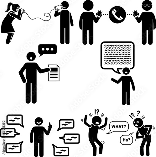 People Talking and Listening Icon Collection. Speech, Phone Calls, Announcements, and Shocked Reactions Silhouettes