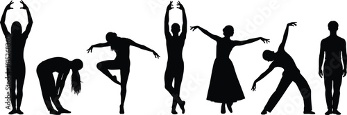 Silhouette dancers performing various ballet and contemporary poses, artistic human figure movement illustration, elegant dance posture collection, creative design