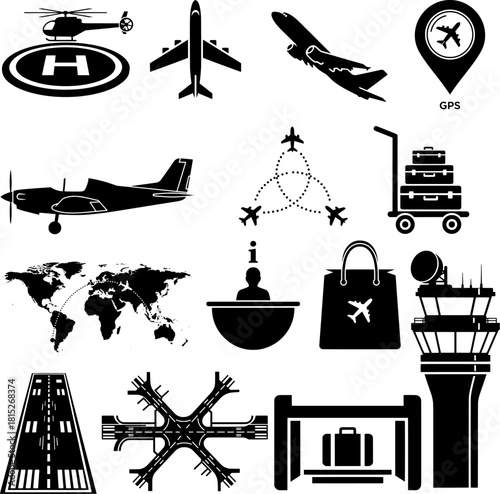 Airport, Aviation, and Air Travel Vector Icon Set. Transportation, Luggage, Runway, and Control Tower Silhouettes.