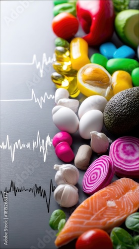 A collection of healthy foods and supplements is displayed alongside electrocardiogram lines, representing heart health and nutrition.