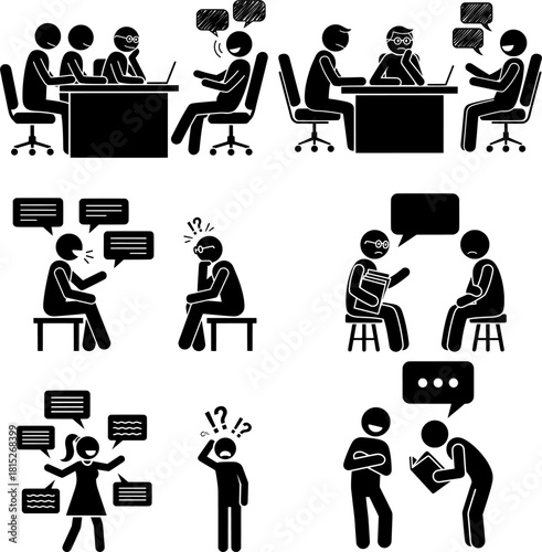 Communication and Misunderstanding Stick Figure Set. Talking, Listening, Boredom, and Confusion Pictograms.
