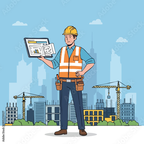 A construction worker in a safety vest and hard hat holds a tablet displaying architectural plans, overseeing a building site.