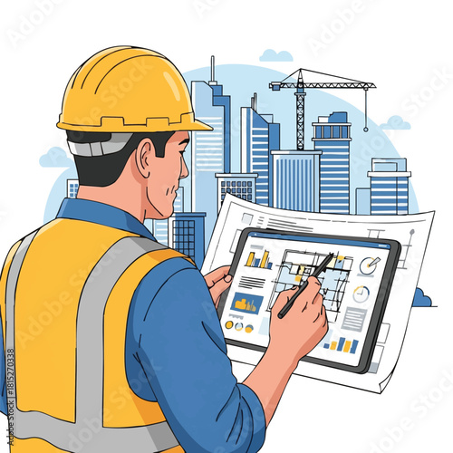 A construction worker examines blueprints on a tablet, overseeing a modern city's development with a crane in the background, ensuring progress.