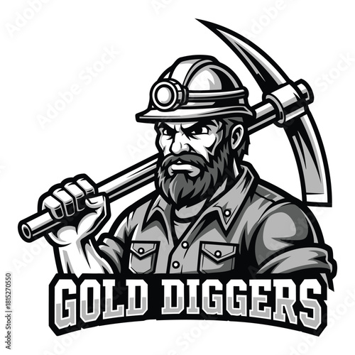 Determined miner with pickaxe illustration for hard work exploration concept