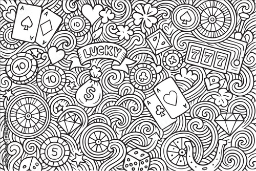 A bold black and white vector doodle background showcases cards, coin symbols, and swirling curves arranged in a chaotic yet stylish pattern echoing the unpredictable spirit and gambling culture.