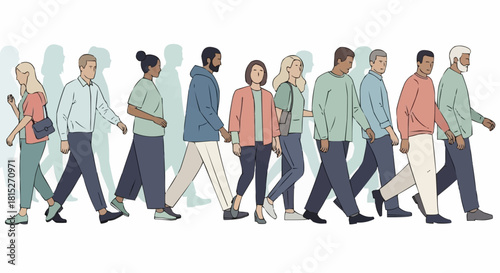 A diverse group of multicultural people walking together in a line.