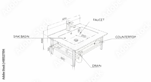 Detailed Isometric Drawing of a Kitchen Sink Countertop and Faucet.