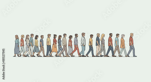 A long line of diverse illustrated people walking together in a single file procession.