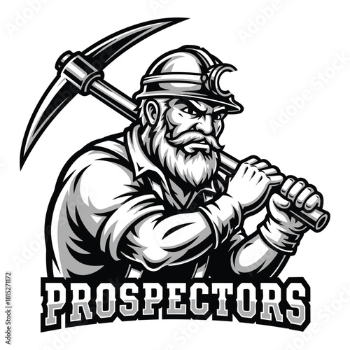 Determined prospector carrying a pickaxe ready to mine and discover gold