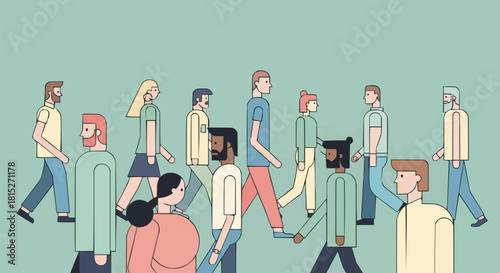 Diverse group of people walking together in a crowd.
