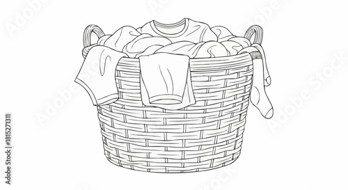 Laundry Basket Full of Clothes Line Art Illustration.