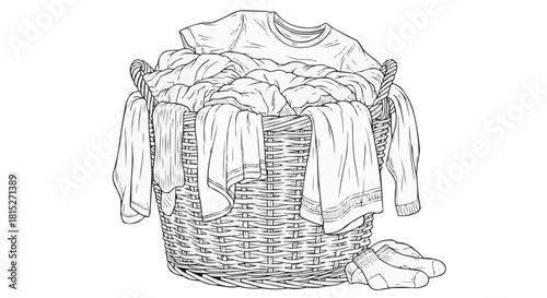 Hand drawn sketch of a wicker laundry basket overflowing with clothes.