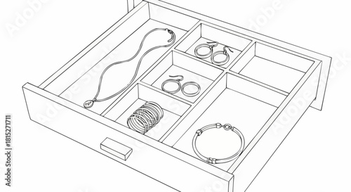 Hand drawn sketch of a jewelry box insert inside an open drawer.