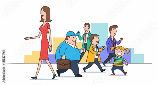 Diverse group of people walking in a city setting illustration.