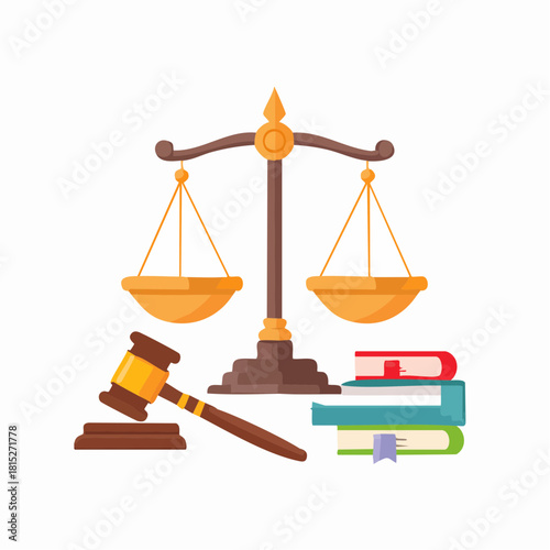Conceptual illustration of the legal system, featuring a balance scale for justice, a wooden gavel for judgment, and law books for legislation