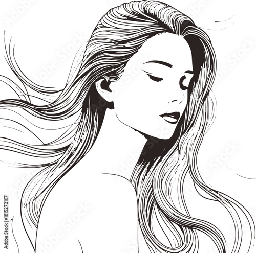 Minimalist portrait of a woman with flowing hair in bold continuous lines