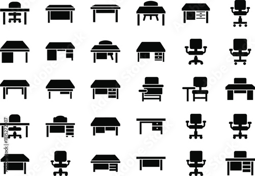 Black silhouette icons of office desks and chairs in various styles for workspace design, furniture layout, and vector illustration use.