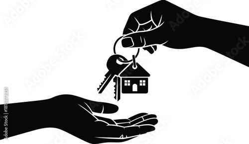 Real estate handover illustration showing house keys exchanged between two hands symbolizing property purchase, home ownership, renting and successful agreement