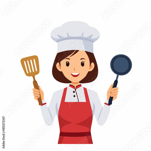 Chef Ready to Cook Female Cook Holding Kitchen Utensils