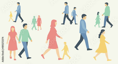 Diverse group of people walking in various directions.