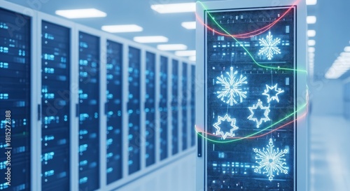 Festive Data Center Server Rack Decorated with Glowing Snowflake and Star Ornaments for the Holiday Season