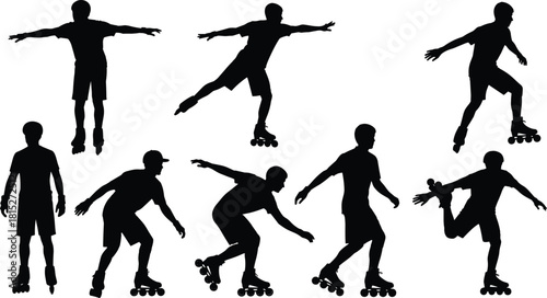 Roller skating silhouette set of male skaters performing tricks, balancing, riding, and freestyle moves for sports, outdoor activity, fitness illustrations