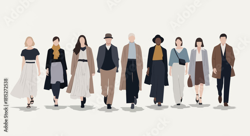 Diverse group of stylish people in fashionable autumn and winter attire.