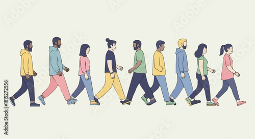 Diverse group of people walking in a line side view.