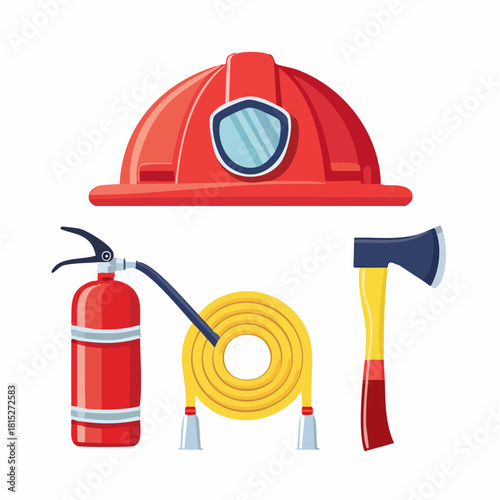 Essential Firefighting Equipment Helmet, Extinguisher, Hose, and Axe. Vital tools for emergency preparedness, safety, and swift response