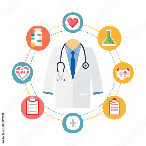 Healthcare and Medical Icons Arranged Around a Doctor's Coat and Stethoscope