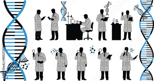 Scientists researching DNA structure, genetic engineering laboratory illustration, molecular biology experiment concept with researchers analyzing samples and studying biotechnology elements