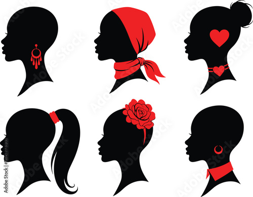 Set of elegant female silhouette profiles with red accessories, fashion woman head illustrations for beauty design, hairstyle artwork, and stylist themes
