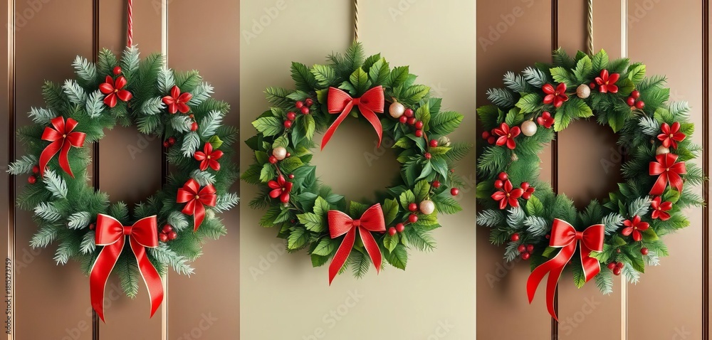 Obraz premium A trio of elegantly decorated Christmas wreaths, showcasing varying styles and sizes, seasonal, winter garland